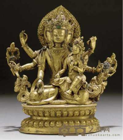 17th/18th Century. A Tibetan gilt-copper model of a bodhisattva and consort 